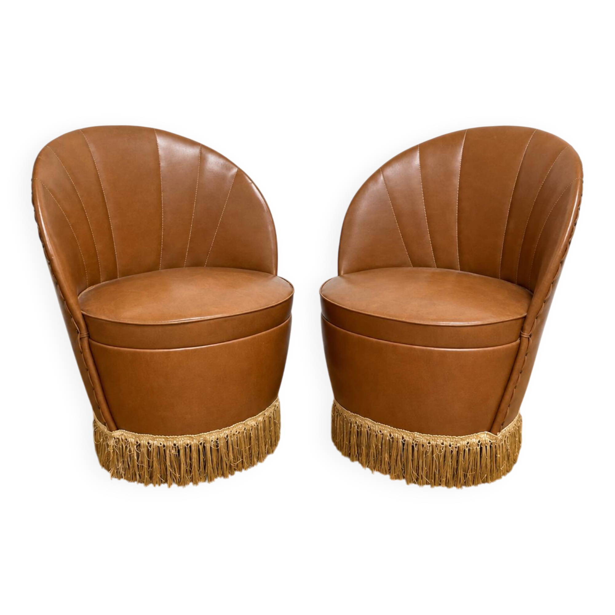 Vintage cognac fringe tub chairs