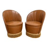 Paire de fauteuils crapaud vintage cognac à franges