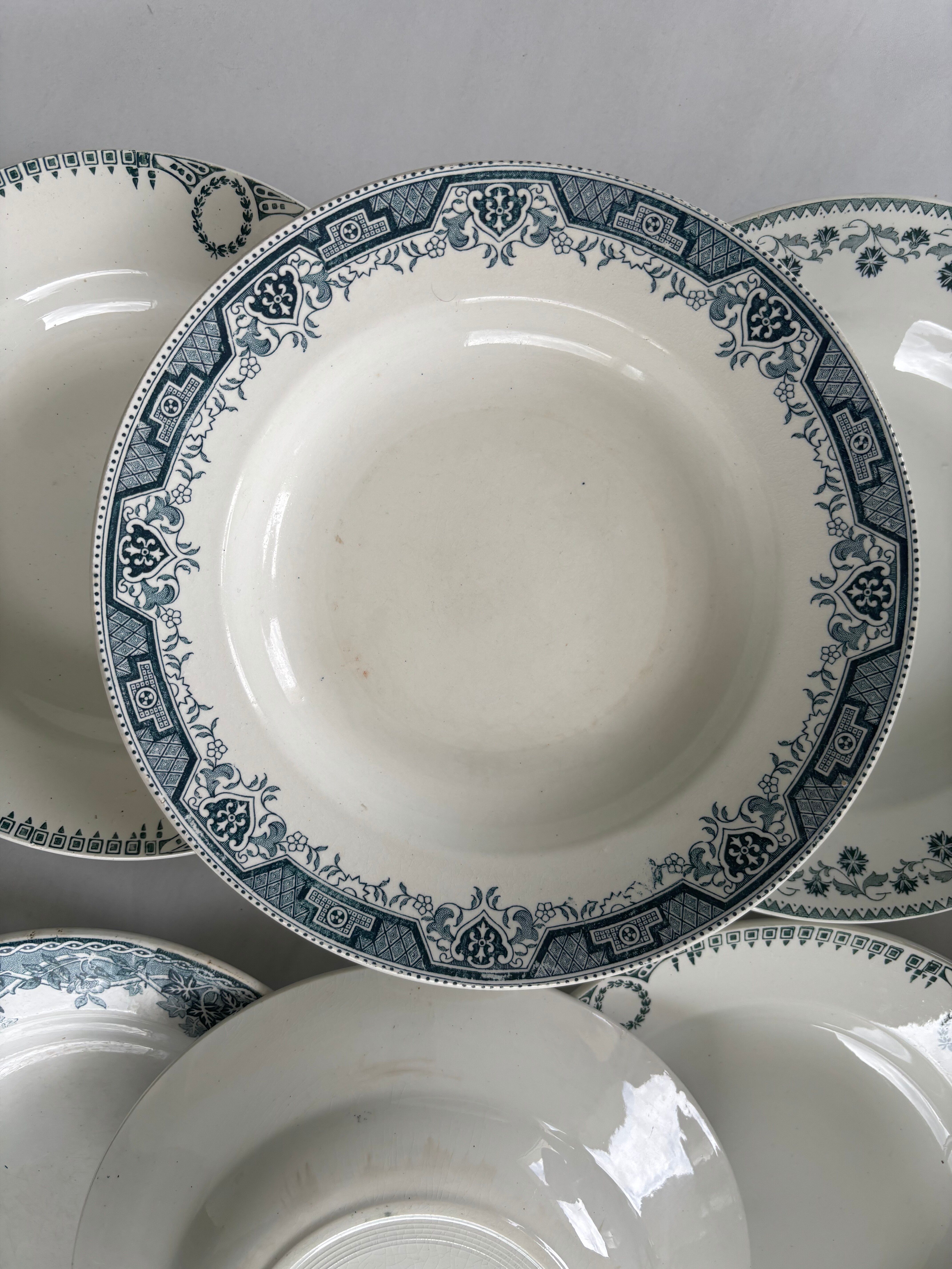 Set of 6 blue ironstone deep plates, antique French earthenware.