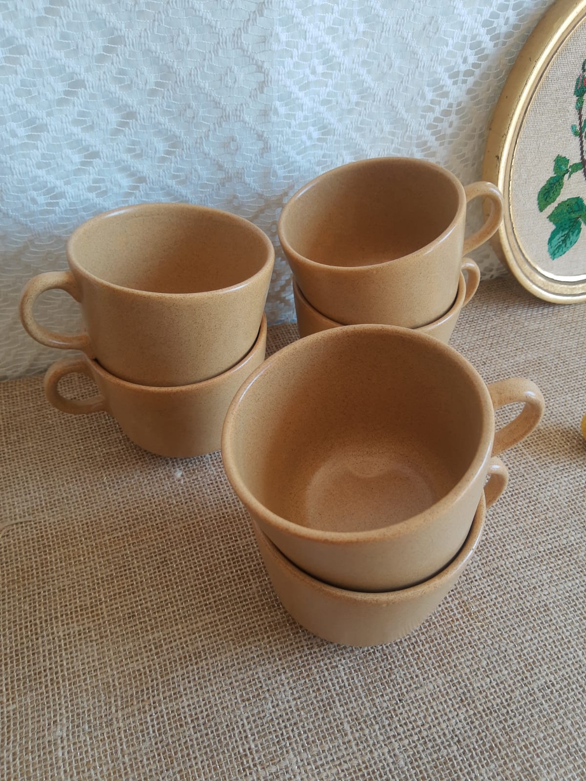 Set 6 coffee cups in sarreguemines sandstone france vintage