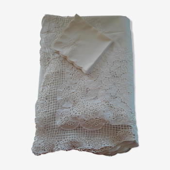 Nappe de mariée et 12 serviettes en fil de coton blanc dentelle renaissance