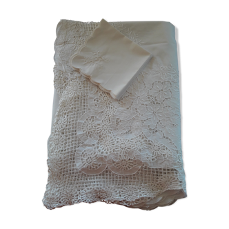 Nappe de mariée et 12 serviettes en fil de coton blanc dentelle renaissance