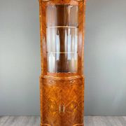 Corner display case in marquetry, 20th century