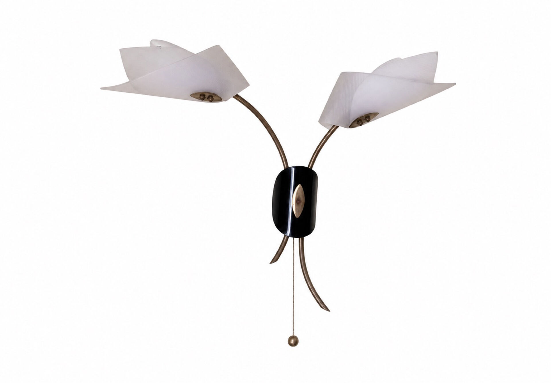 Mid-century pair of wall lights with 2 bulbs — opaline, brass & black lacquer