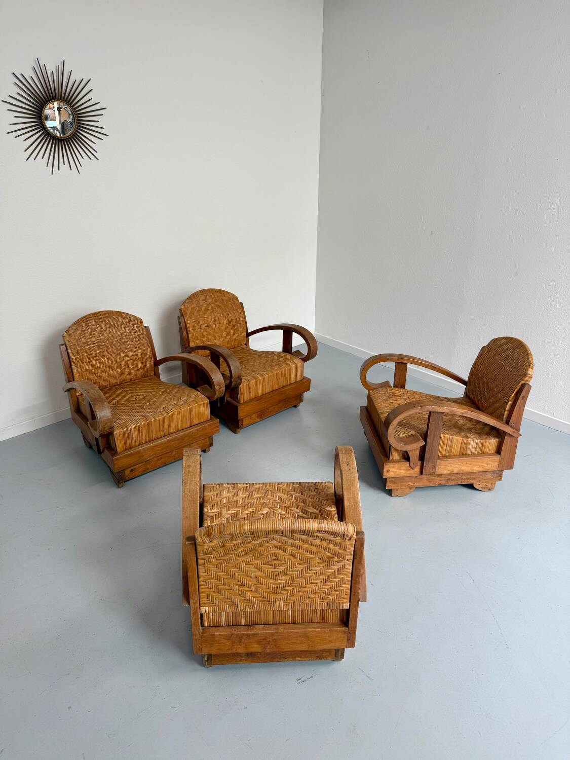 Set of 4 woven rattan armchairs, colonial style, 1950s