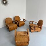 Set of 4 woven rattan armchairs, colonial style, 1950s