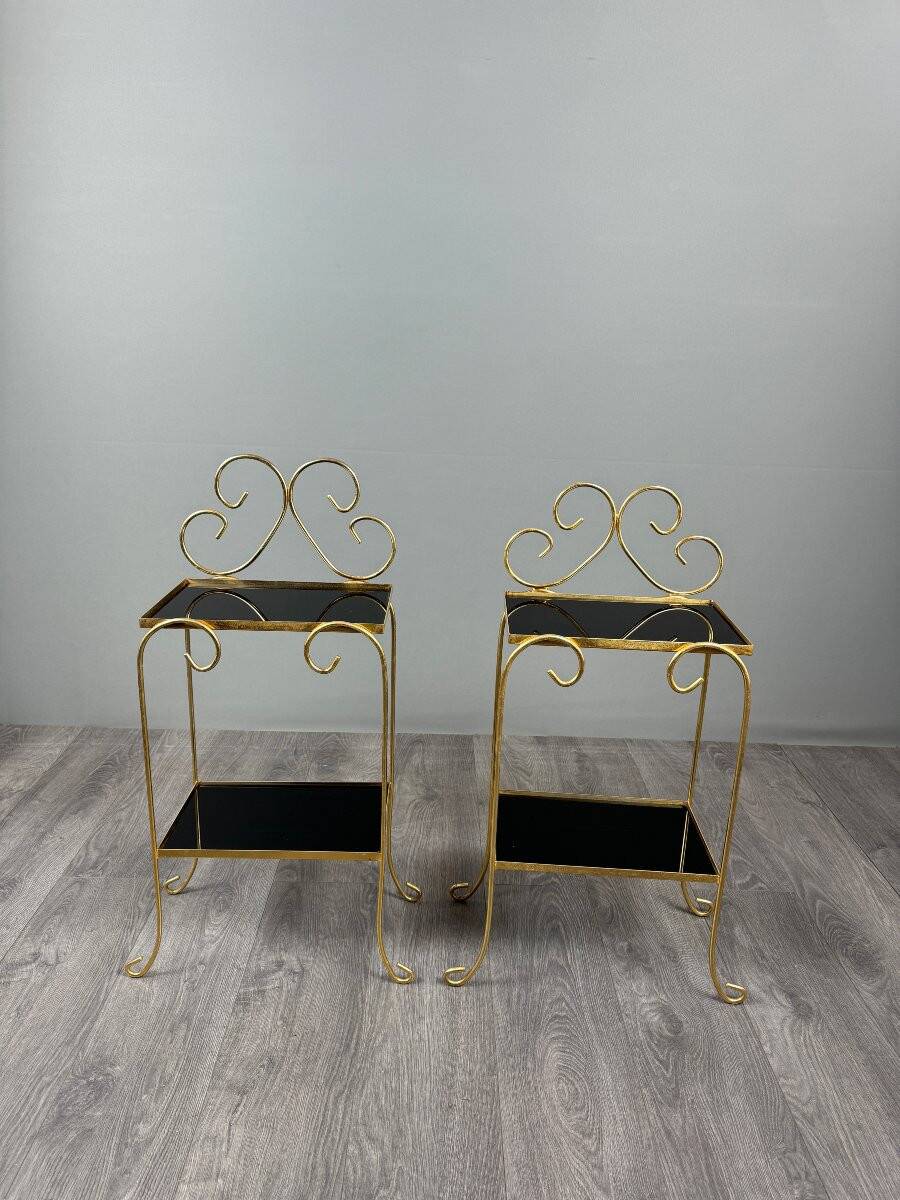 Pair of vintage side tables in gilt metal, with glazed ceramic tops