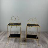 Pair of vintage side tables in gilt metal, with glazed ceramic tops