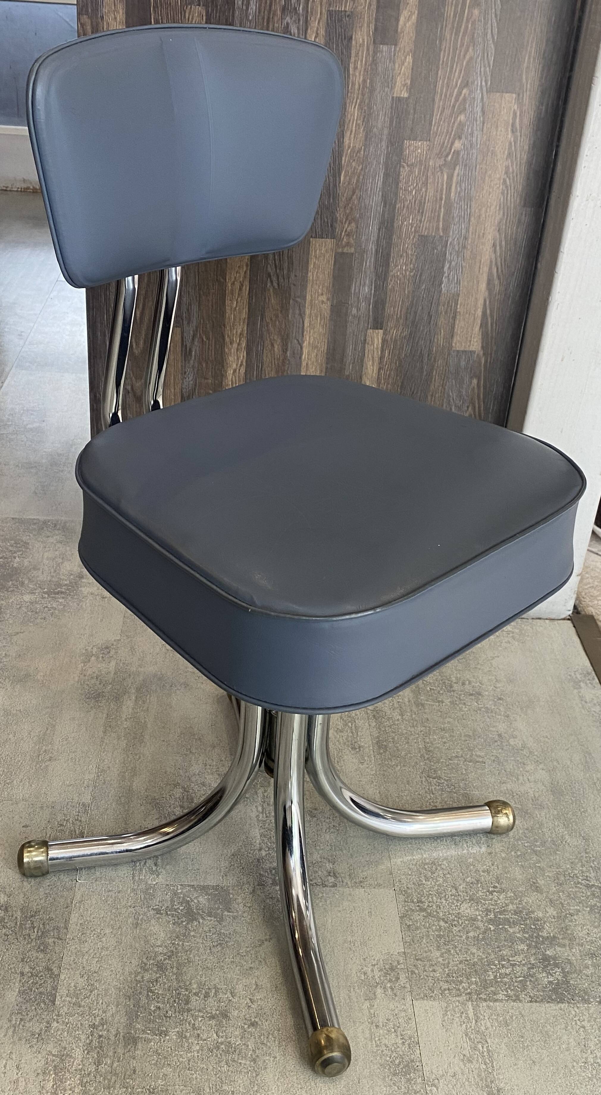 Swivel office chair in Roneo style, grey faux leather with vintage chrome.