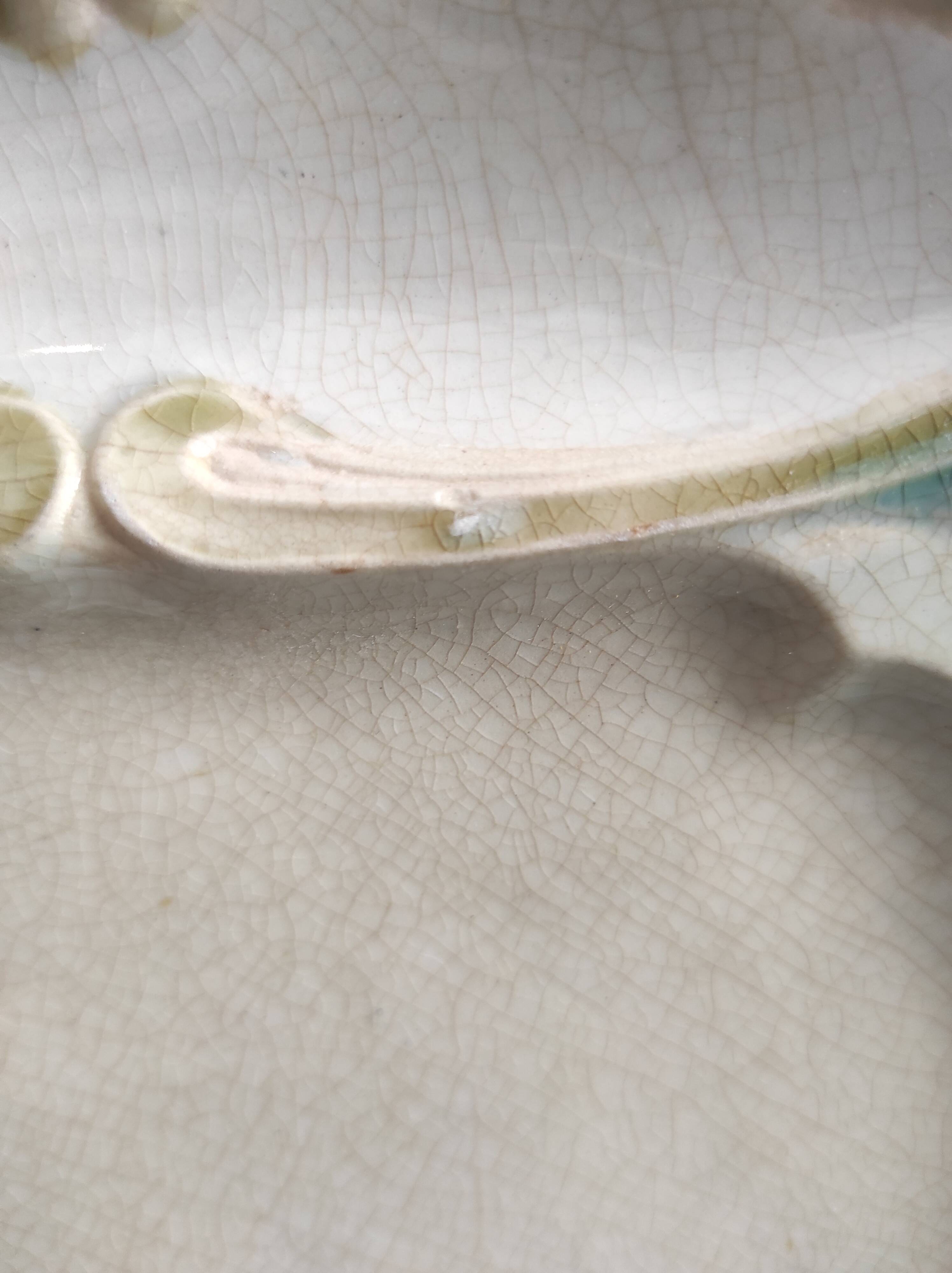 Set of 2 antique French fondue or artichoke plates in Majolica