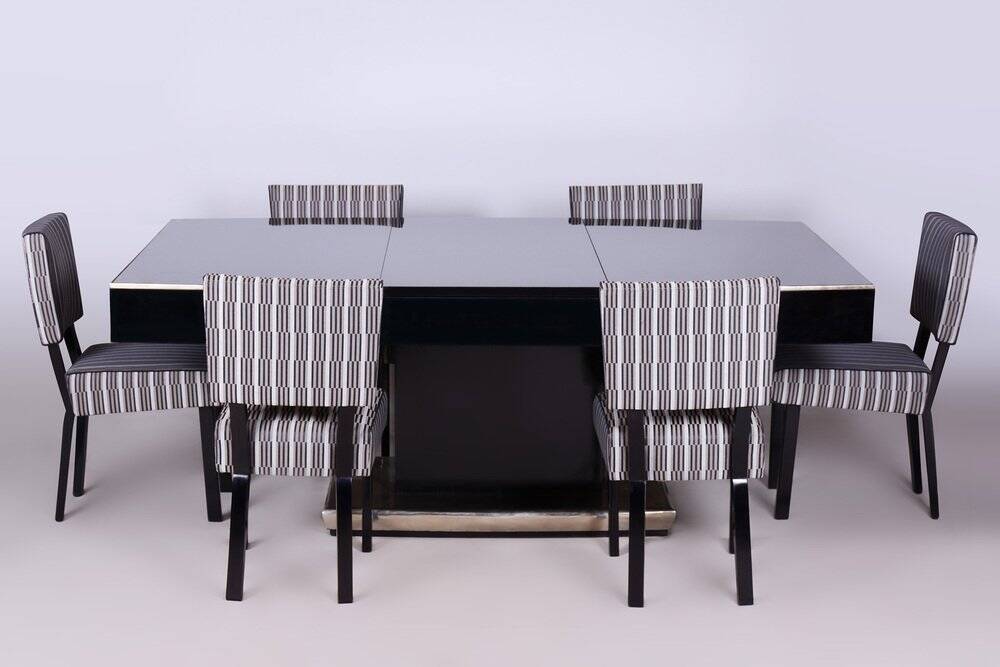 Large Art Deco Chrome and Black Glass Extendable Dining Table, 1930s
