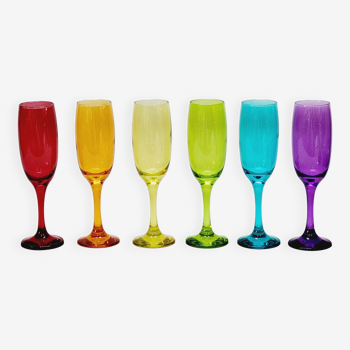 6 multicolored glass champagne flutes red orange yellow green blue purple