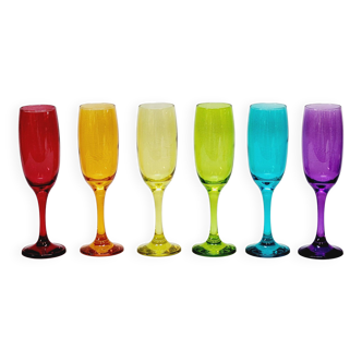 6 multicolored glass champagne flutes red orange yellow green blue purple