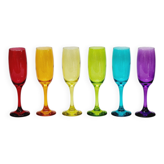 6 flûtes à champagne en verre multicolore rouge orange jaune vert bleu violet
