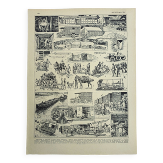 Gravure ancienne 1928, Ambulances, pompier, infirmerie, soin • Lithographie, Planche originale