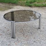 Coffee table design of the 70s smoked glass base chrome Diameter 84cm