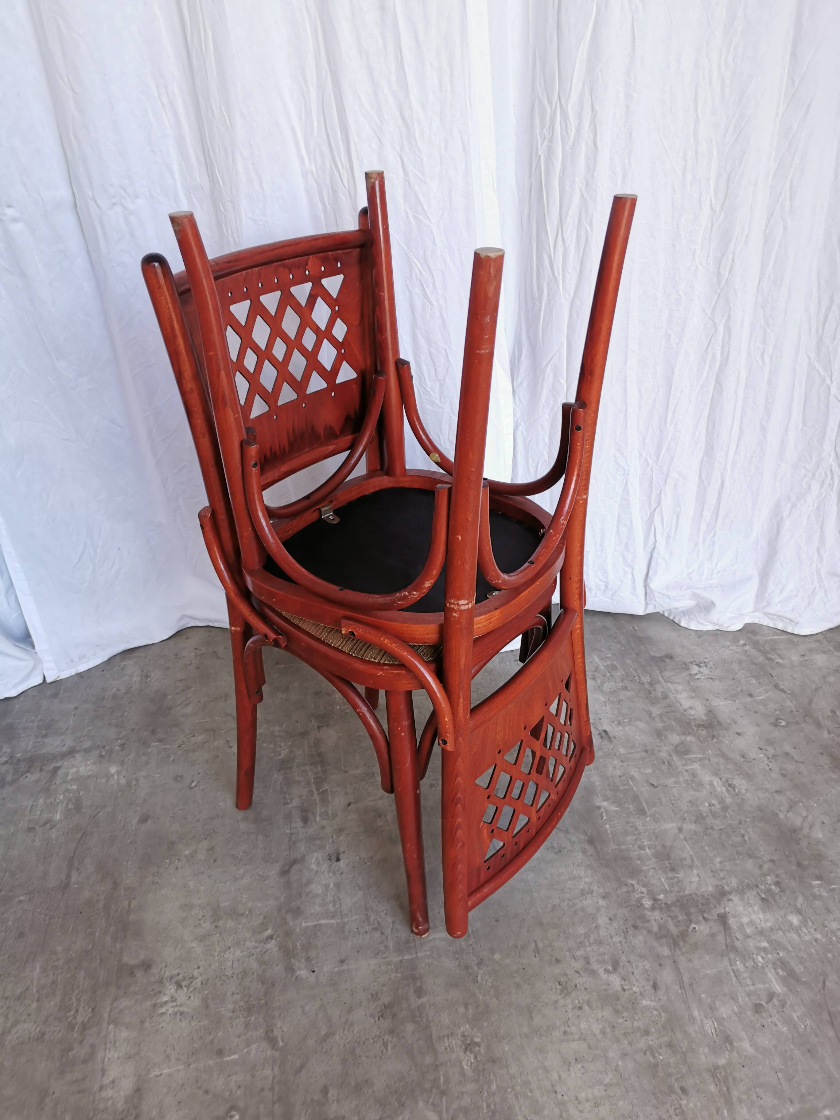 Vintage Italian Bistro Chairs - 1980s Reddish Wood, Brown Fabric - Set of 6