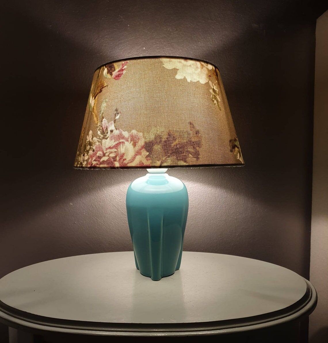 Vintage ceramic table lamp with 80s fabric lampshade