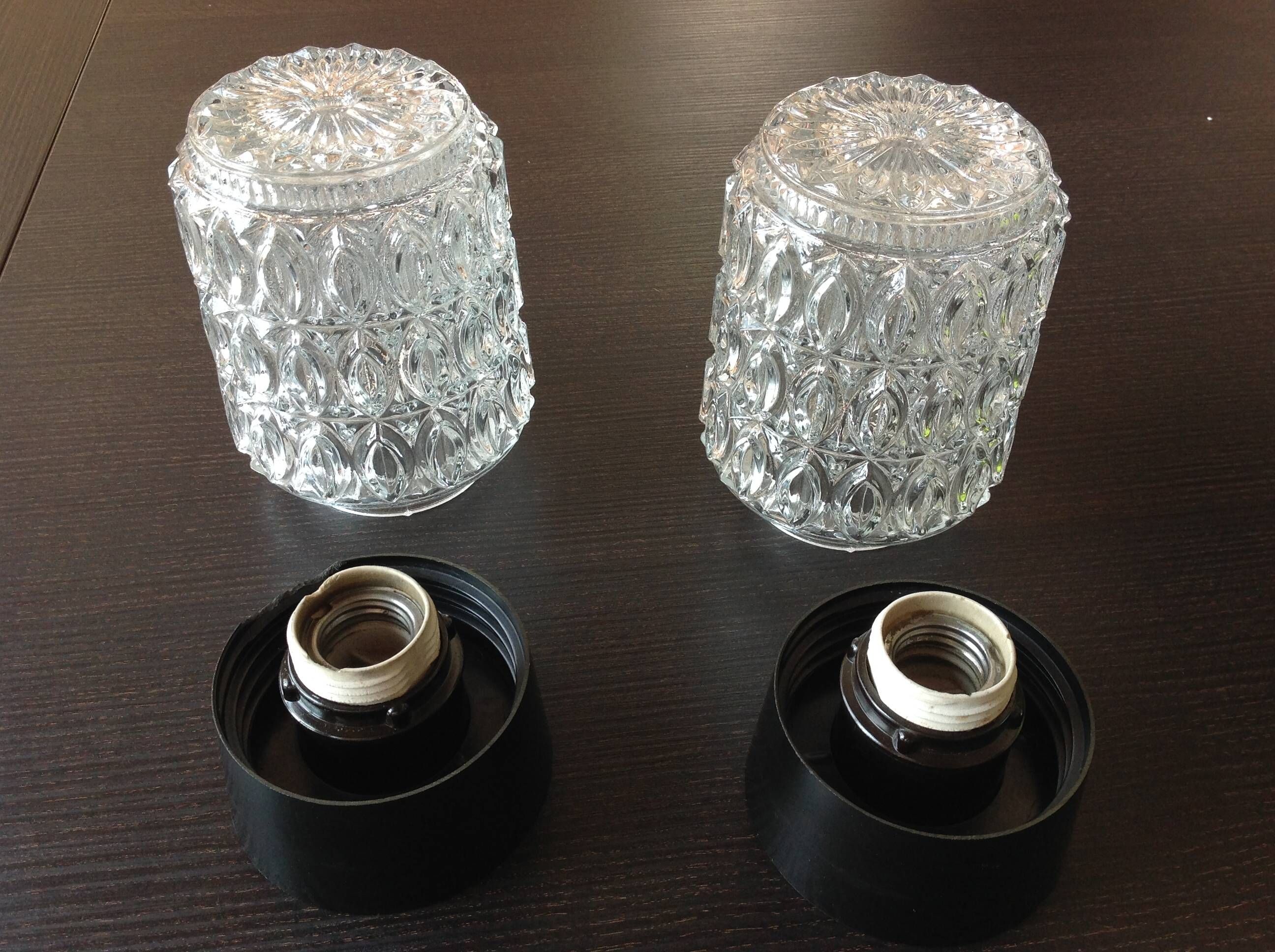 Pair of cylindrical structured glass ceiling lights / vintage 60s-70s