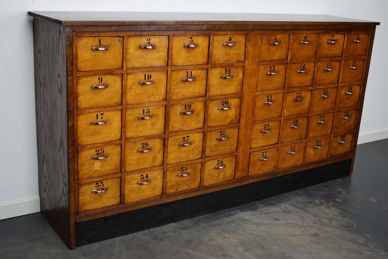 Dutch industrial apothecary cabinet in beech and oak 1940s