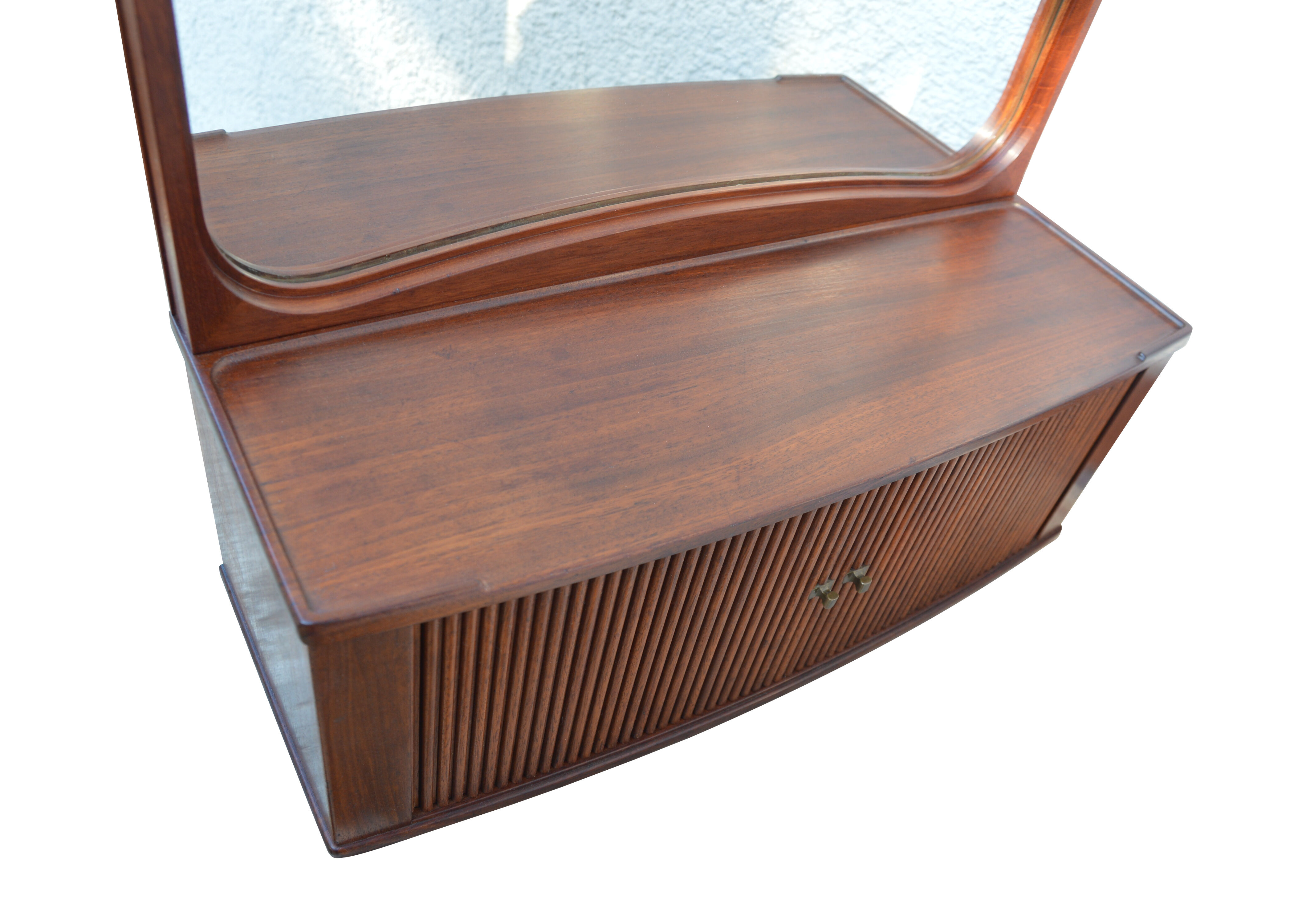 Vintage mid-century Danish mirror with tambour cabinet from 1950s 1960s. 46x67cm