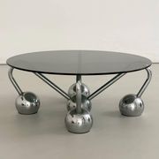Table basse Sputnik en métal chromé et verre fumé