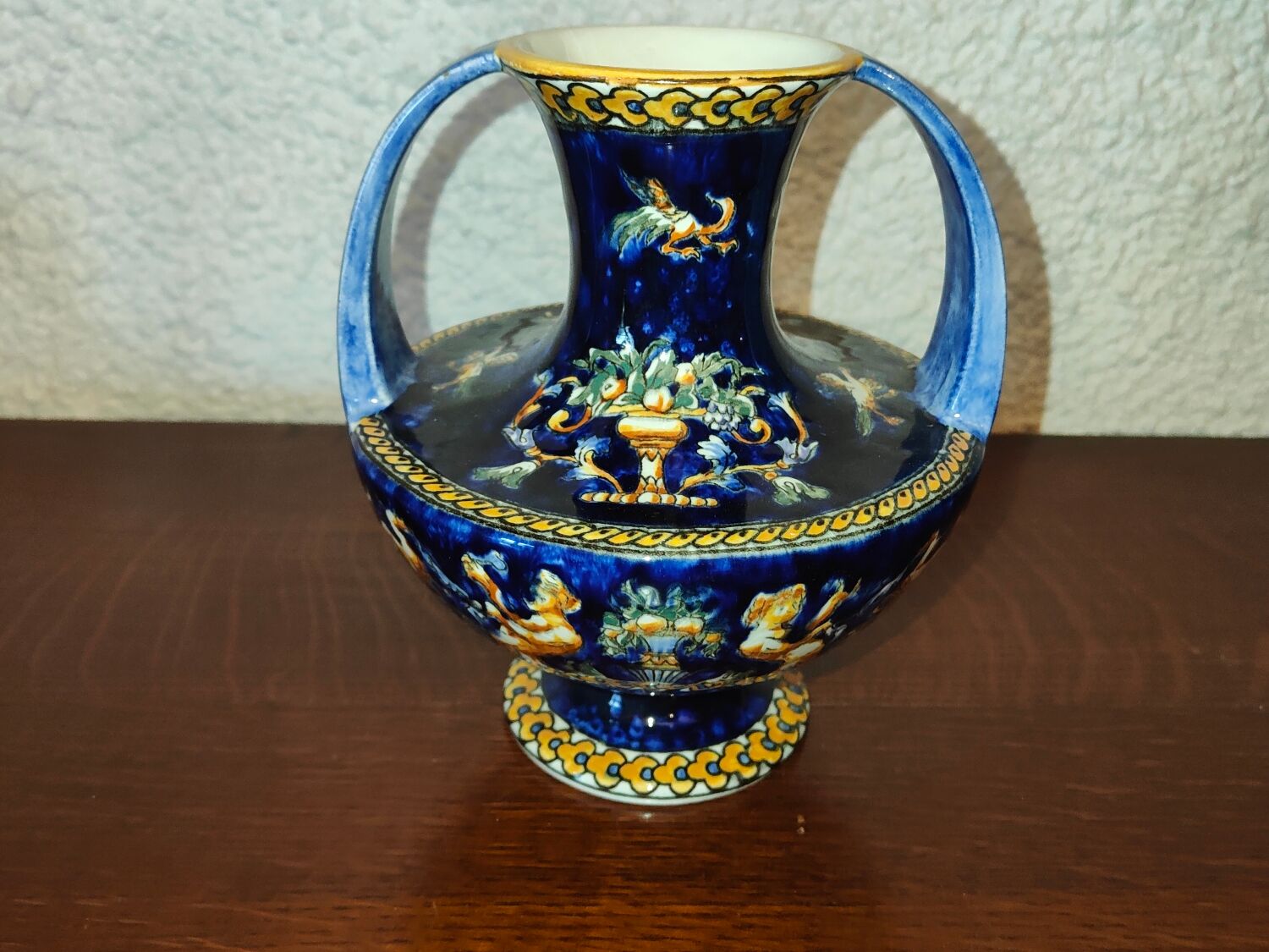 Vase with 2 polychrome handles in Gien earthenware France with Renaissance decoration 1938
