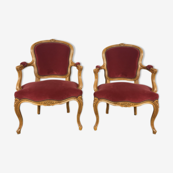 Paire de fauteuils cabriolet Louis XV velours rouge