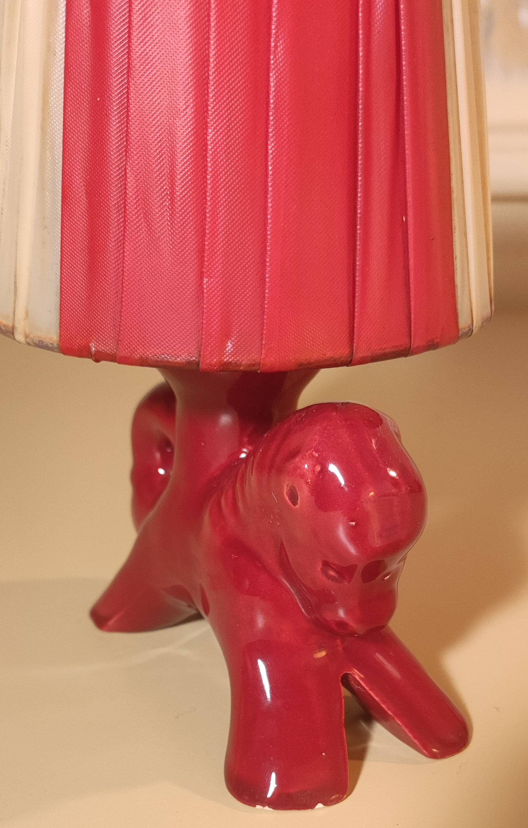 Burgundy ceramic horse lamp from the 1950s