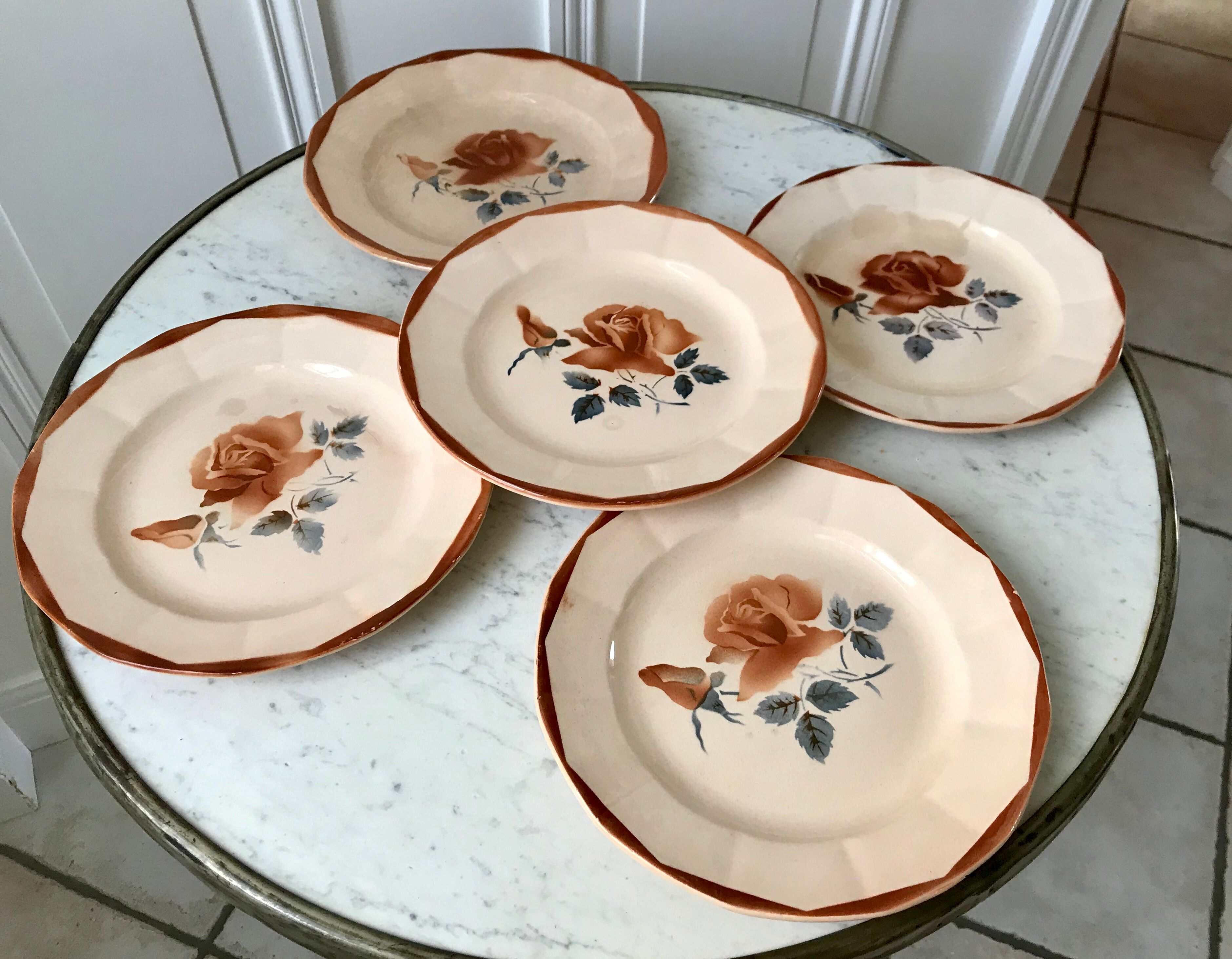 Set of 5 dessert plates Digoin Sarreguemines pink flowers 30-40s