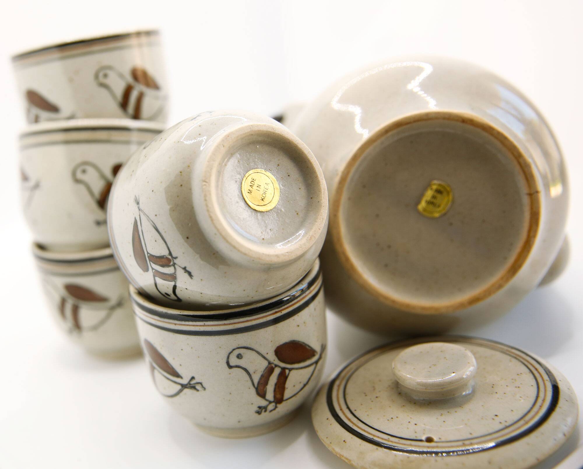 Teapot and its 6 cups with birds Seventies look made in Korea
