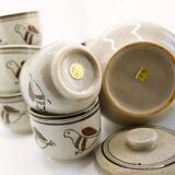 Teapot and its 6 cups with birds Seventies look made in Korea