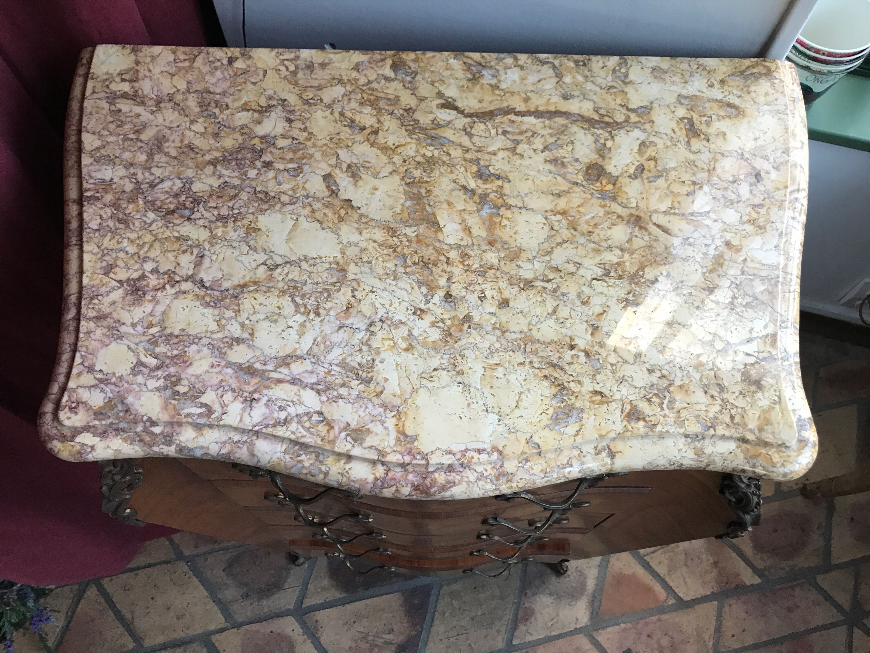 Chest in marquetry style Louis XV marble top