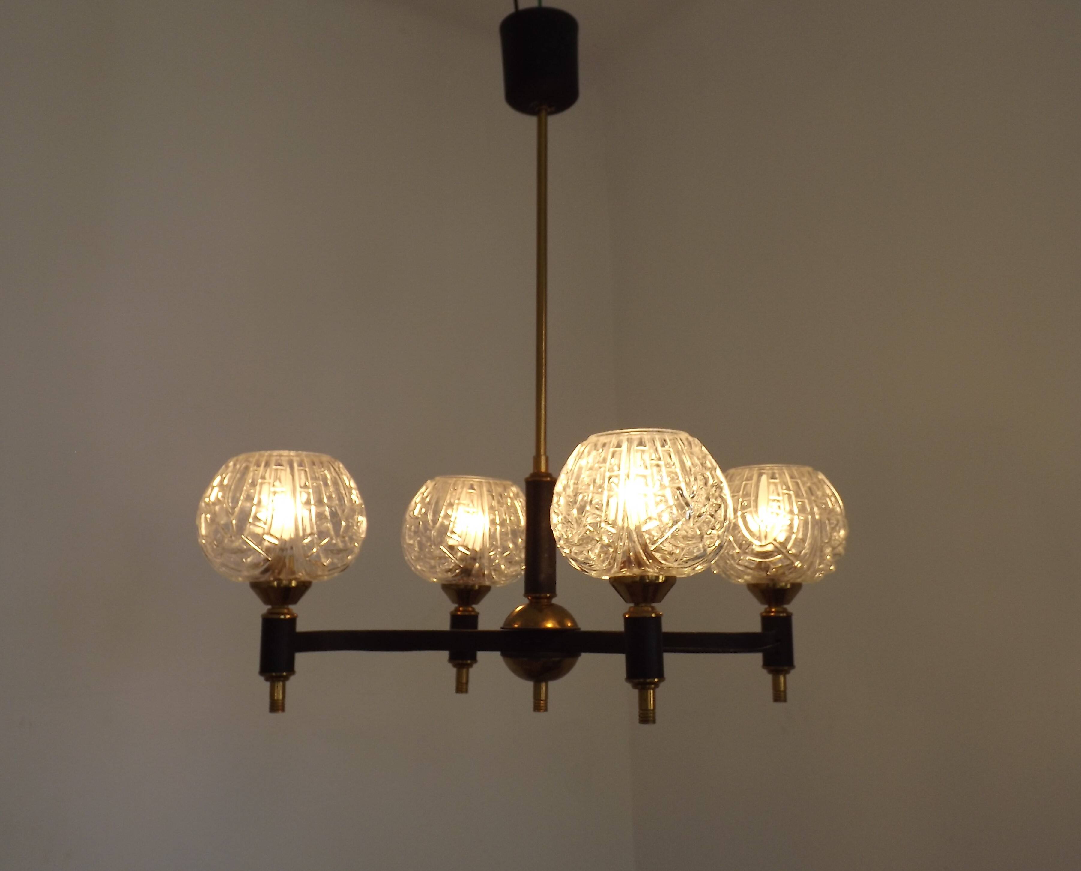 French Vintage Retro Mid Century Black & Gold 4 Arm Chandelier with Glass Shades 5015