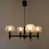 French Vintage Retro Mid Century Black & Gold 4 Arm Chandelier with Glass Shades 5015