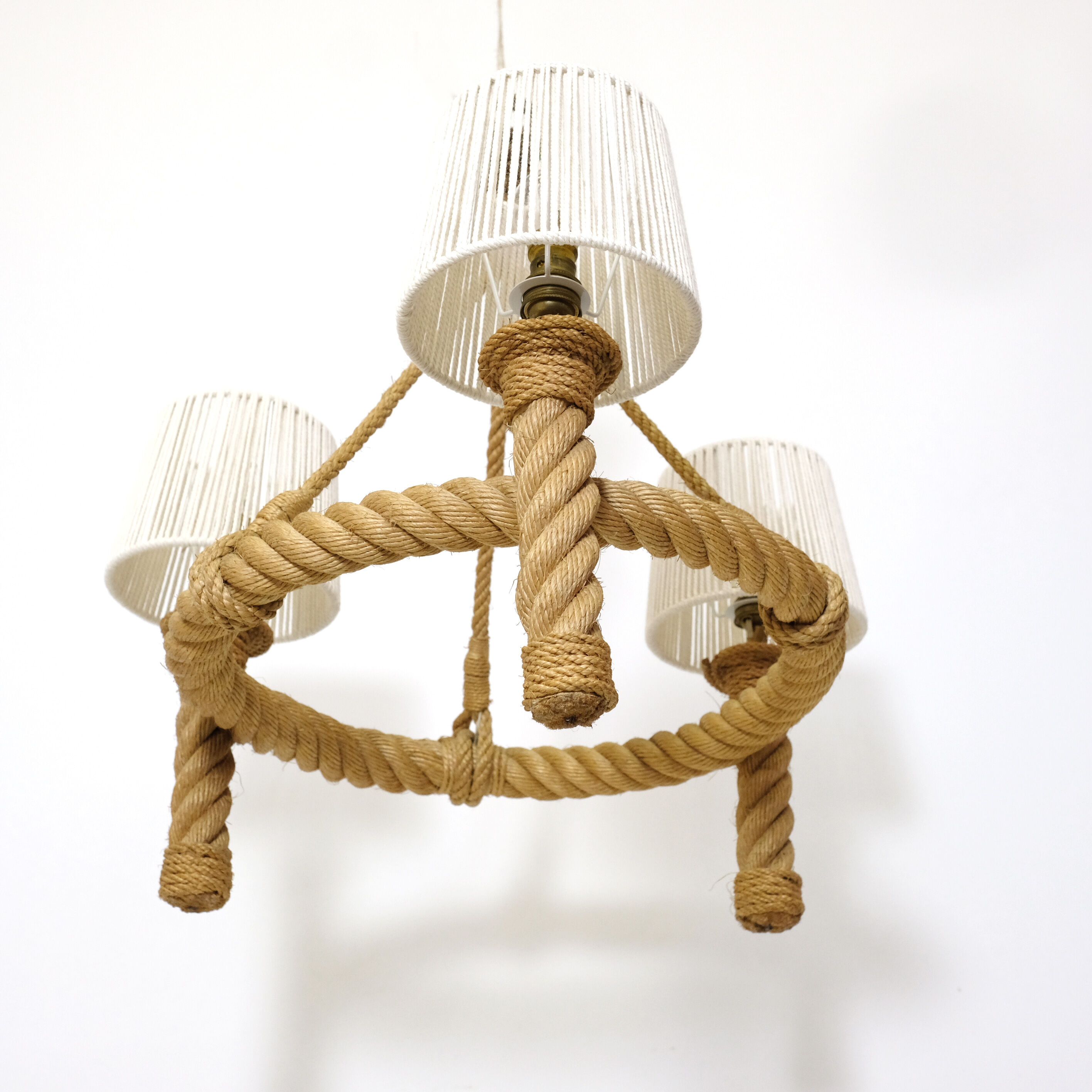 Three-light braided rope pendant light, 1950-1960.