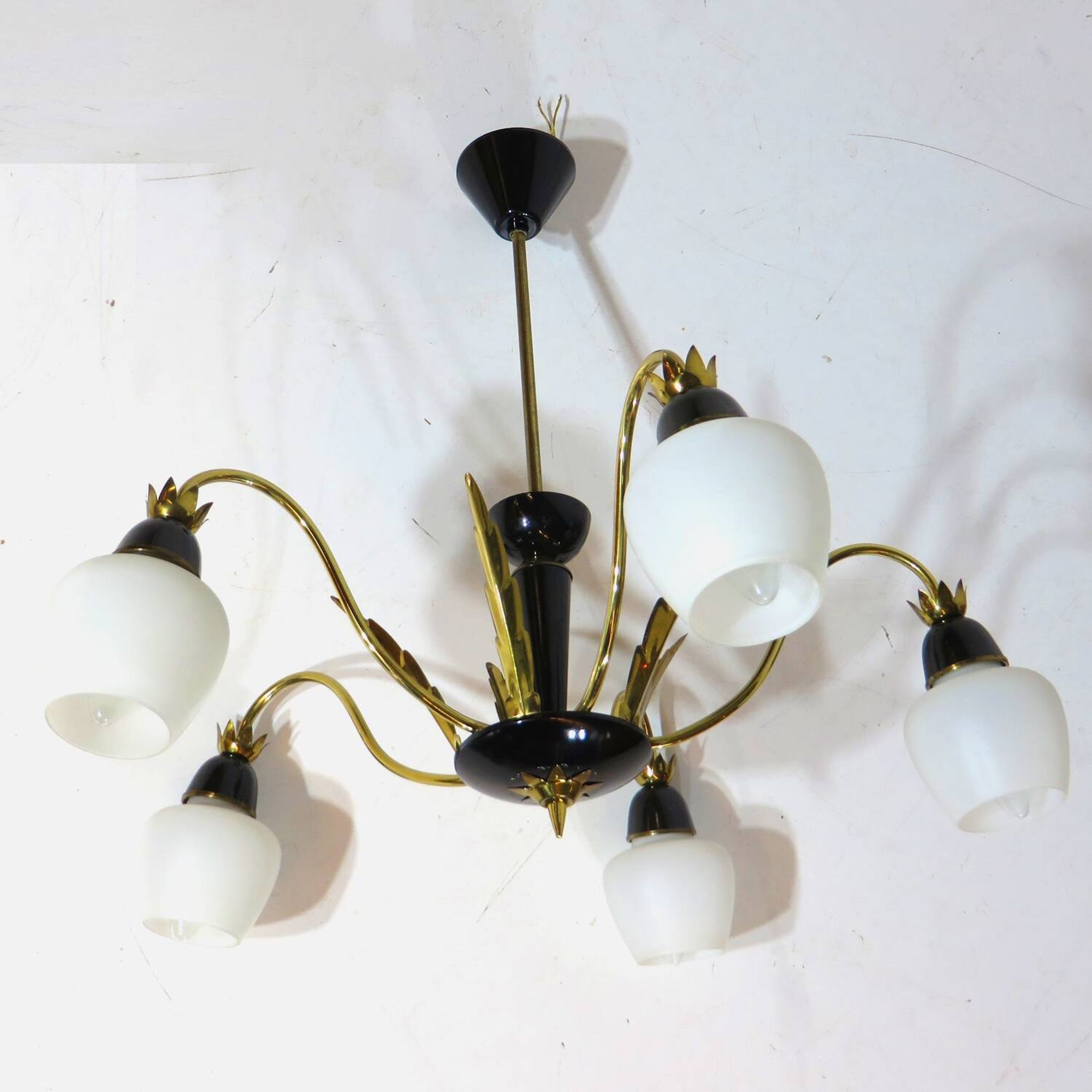Vintage mid century chandelier in brass and opaline glass, 1960s