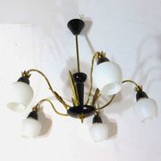 Vintage mid century chandelier in brass and opaline glass, 1960s