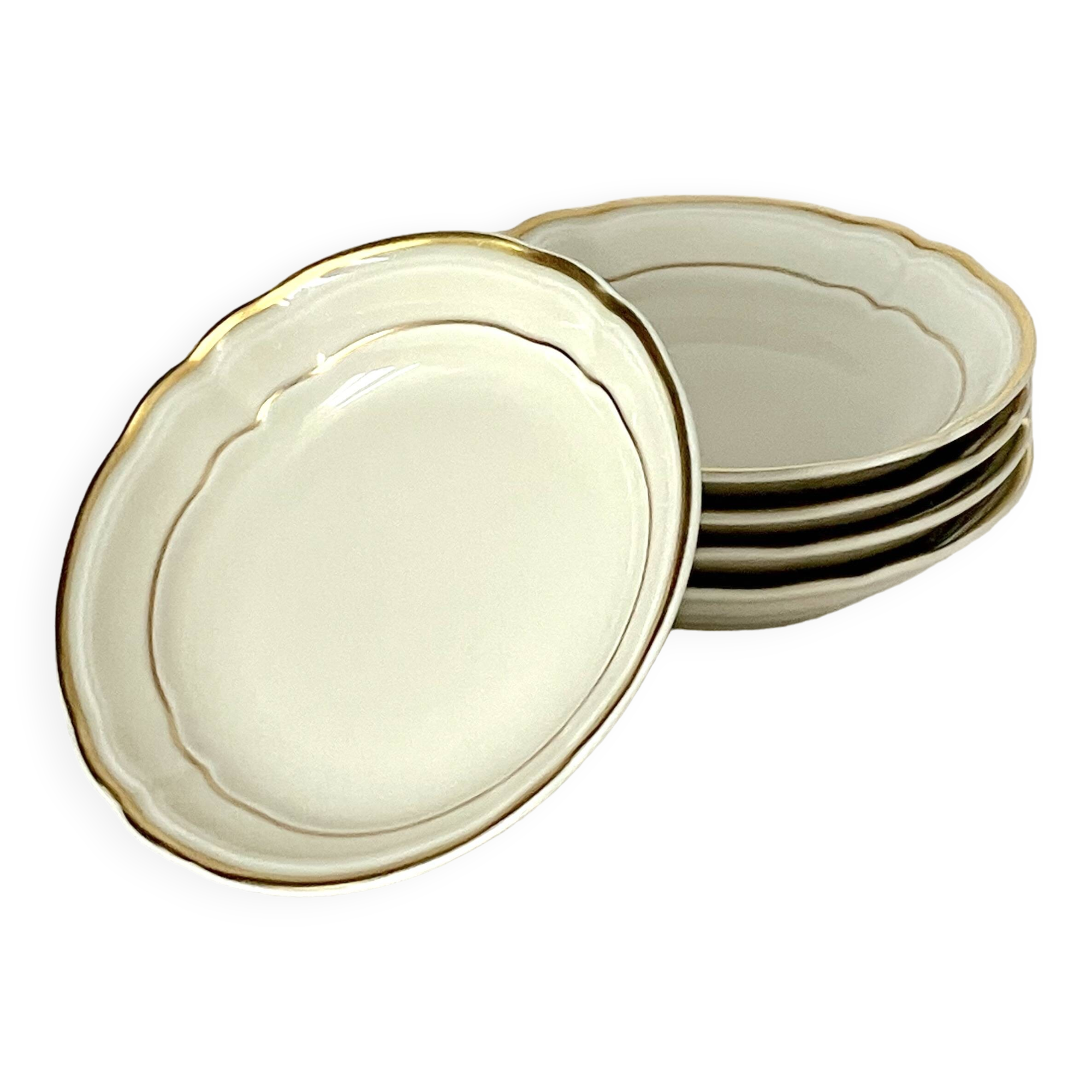 5 Bernardaud Limoges porcelain dessert bowls, Louis XV model, ivory with gold edging