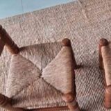 4 chairs and stools, brutalist art, straw and wood