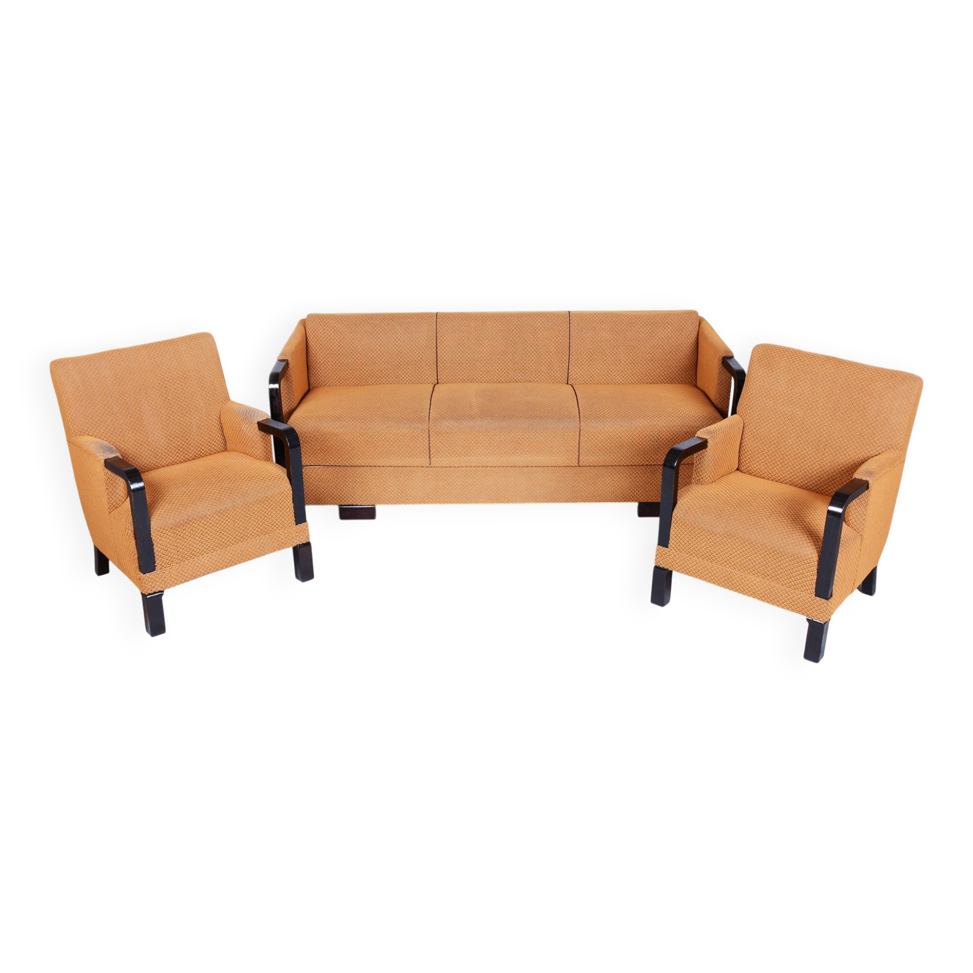 Czech Art Deco Sofas and Lounge Chairs in Beech and Oak attributed to Jindrich Halabala for Up Závody, 1930s, Set of 3
