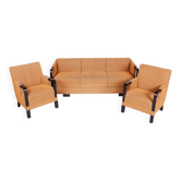 Czech Art Deco Sofas and Lounge Chairs in Beech and Oak attributed to Jindrich Halabala for Up Závody, 1930s, Set of 3