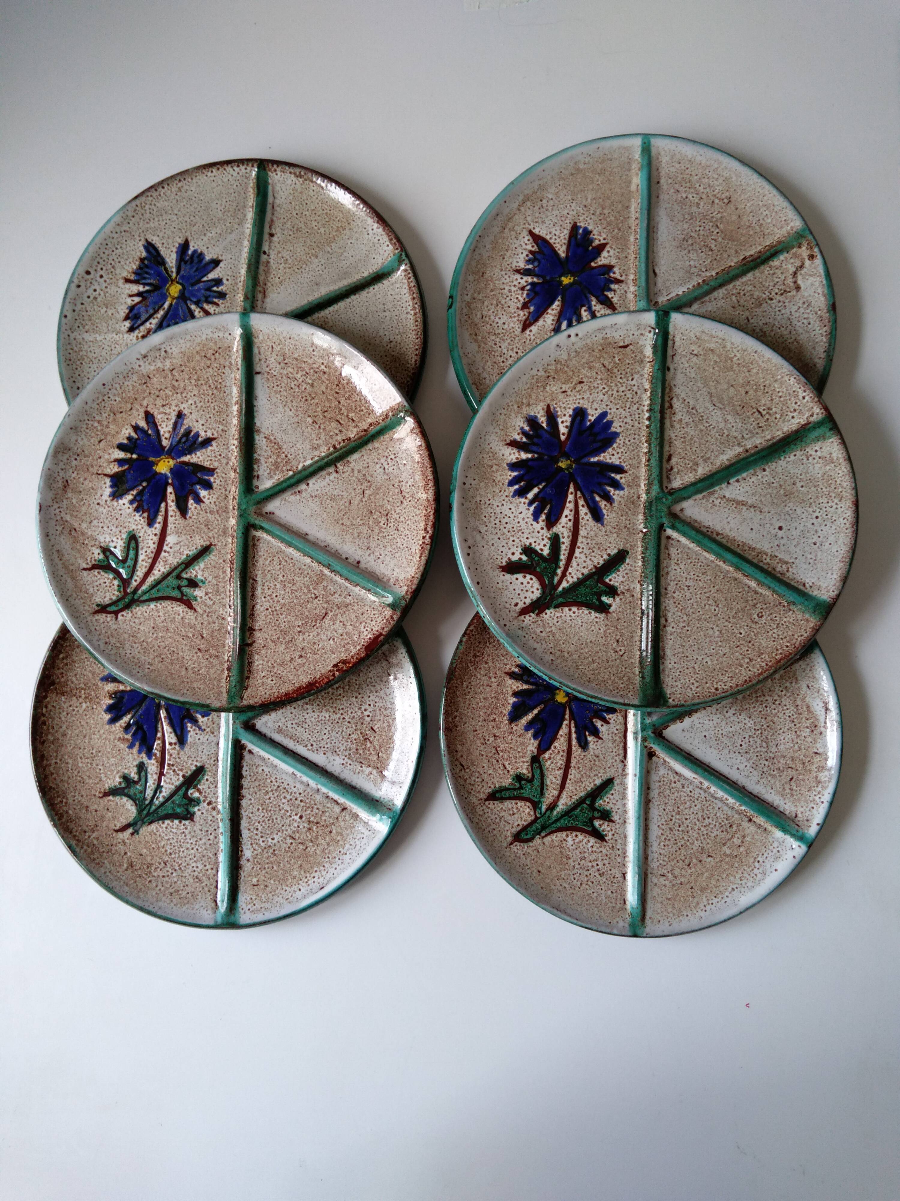 Set of 6 handmade Vallauris ceramic plates beige gray and turquoise blue with flower decoration