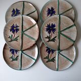 Set of 6 handmade Vallauris ceramic plates beige gray and turquoise blue with flower decoration