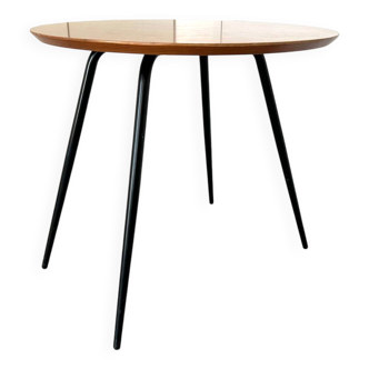 1970s coffee table in honey beech with black steel legs.