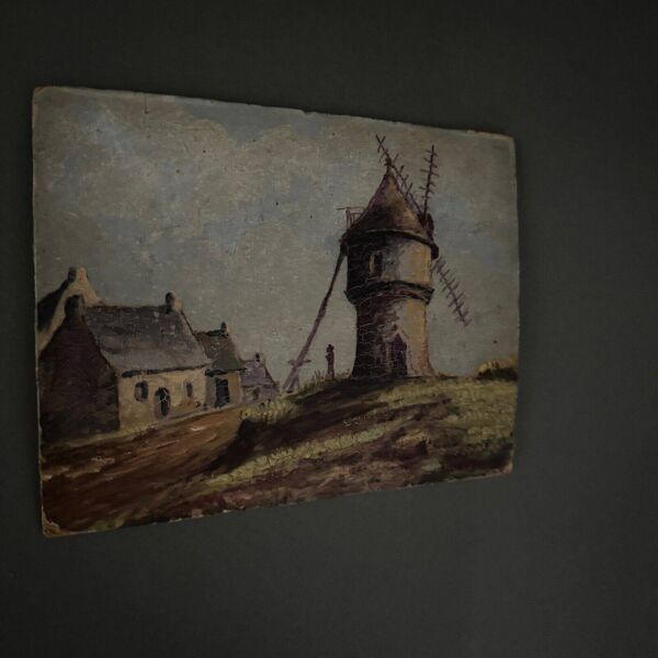 Huile sur carton représentant un moulin XXe par L. Ganthier