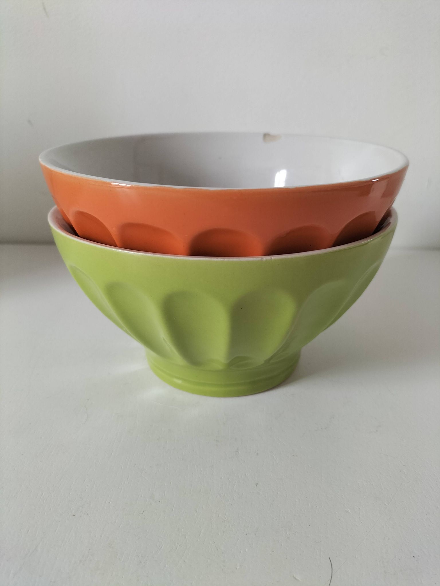 2 large vintage farm bowls in lime green and orange