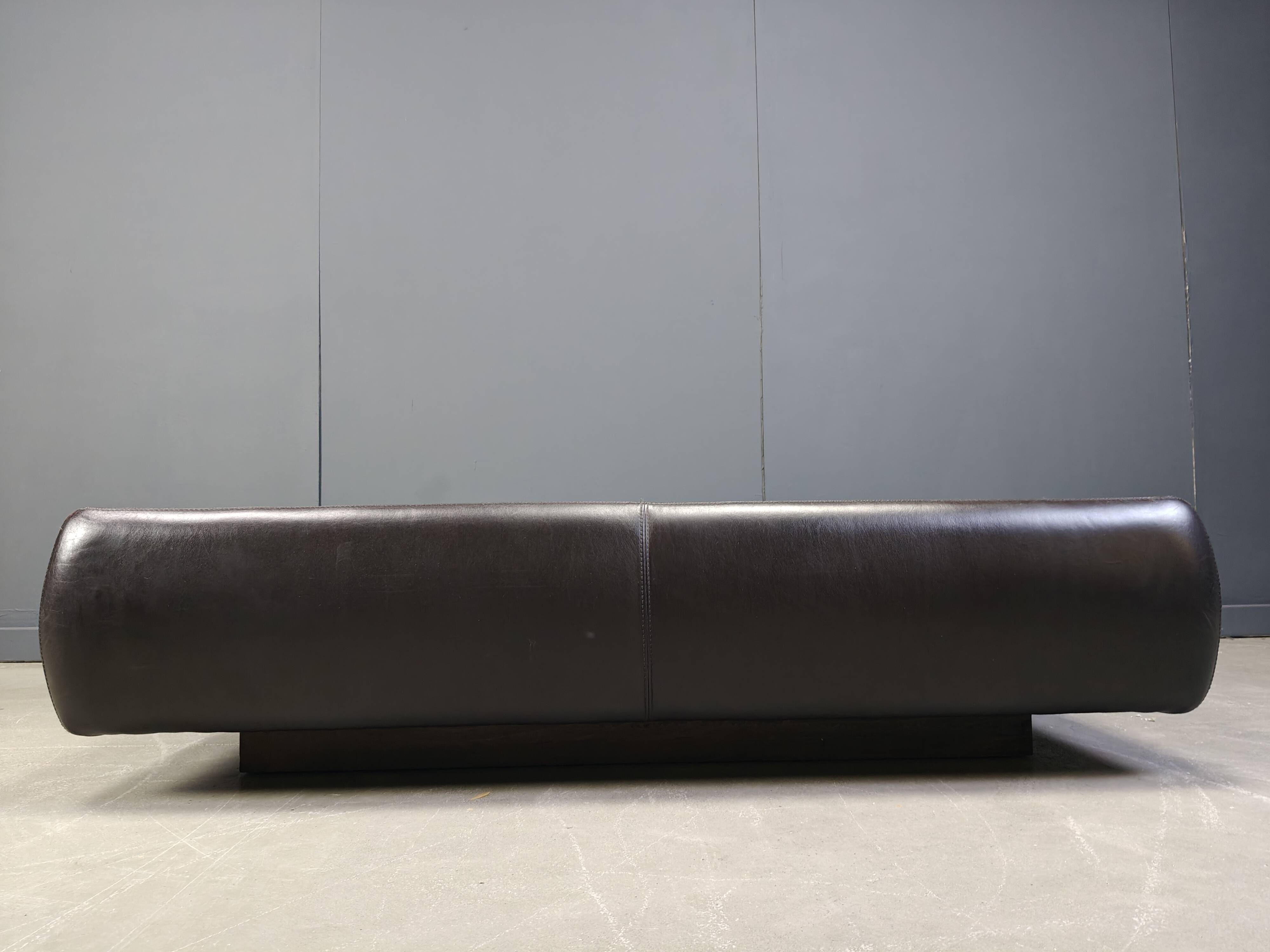 Leather and travertine coffee table attr to Desede, 1970s