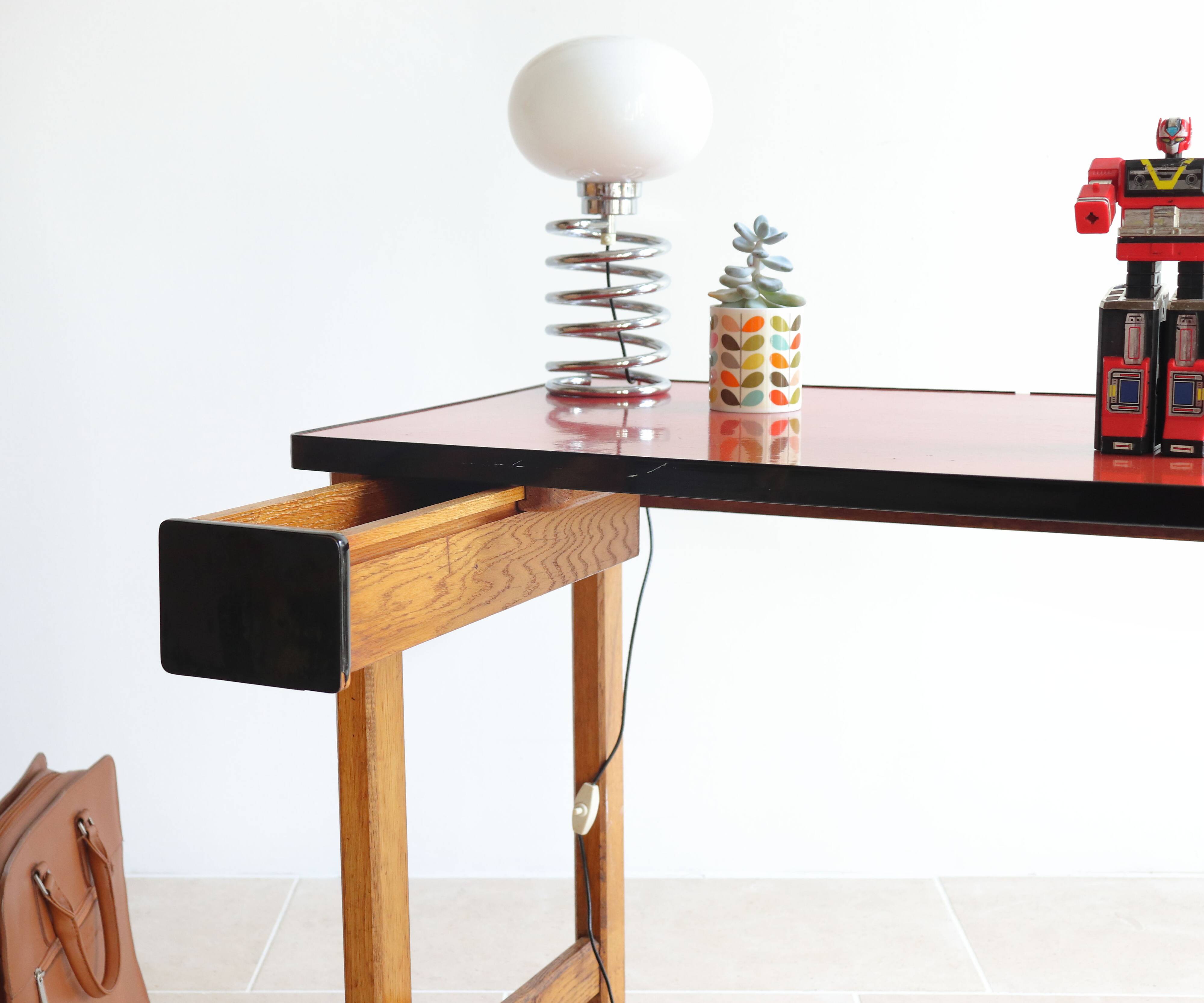 Vintage children's desk in solid oak and red formica, 50s/60s
