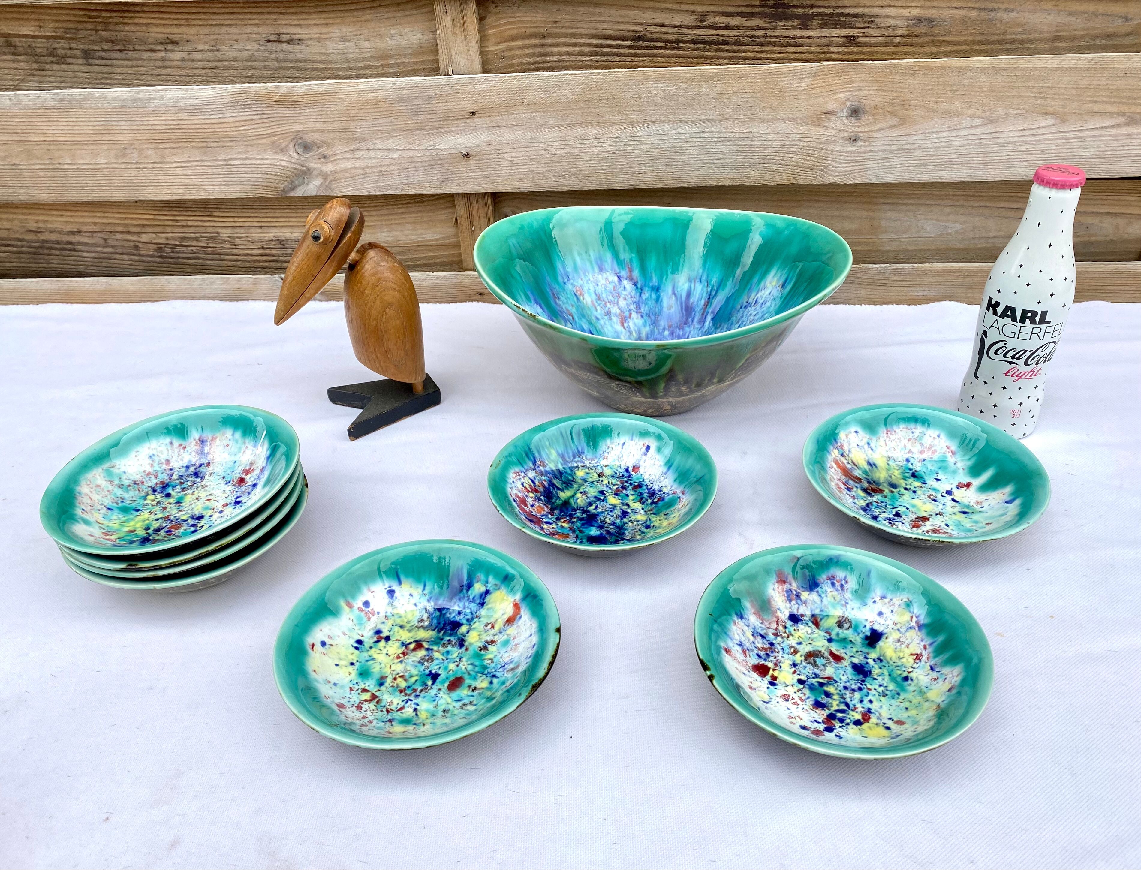 Salad bowl dessert service & 8 ramekins sandstone from the vintage Morvan 70s